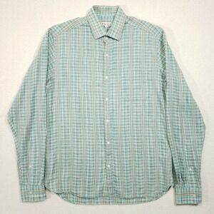 REISS Button Up Shirt Mens Medium Teal Tan Plaid Linen Cotton Roll Tab Sleeve